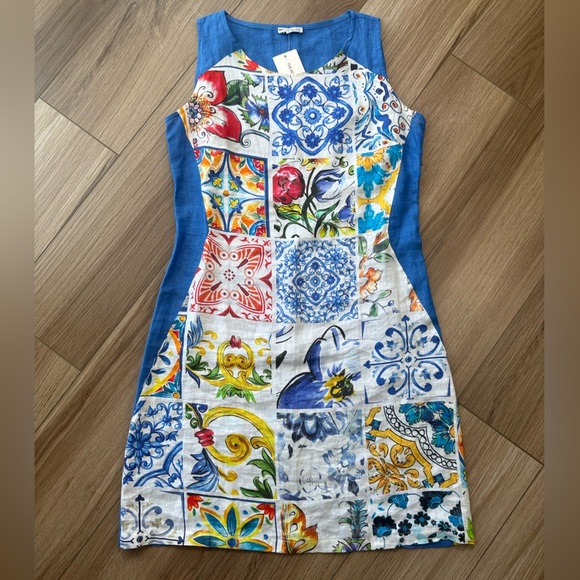 Euro Made in Italy Mario Romano Blue White Linen Printed Tank Dress - Picture 2 of 9